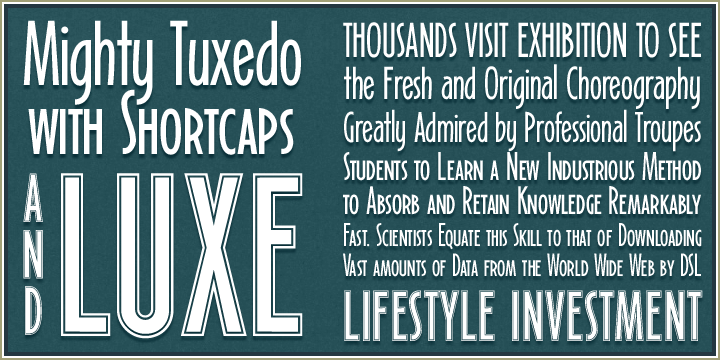 Inspired by 1930's Art Deco lettering styles the Mighty Tuxedo font family