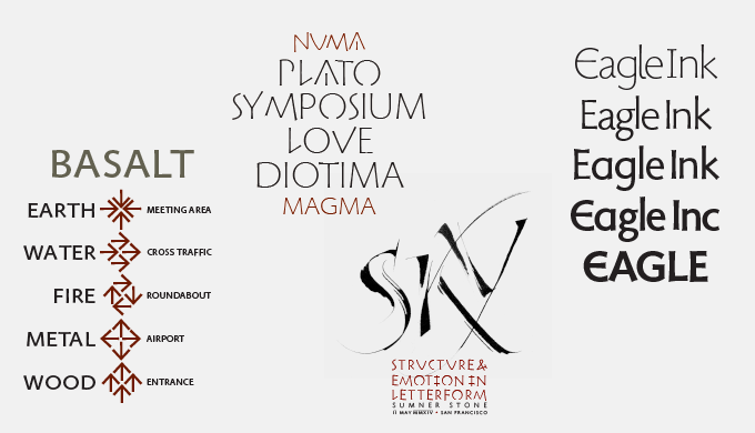 A selection of specimens of typefaces that belong to the uniquely structured Magma superfamily