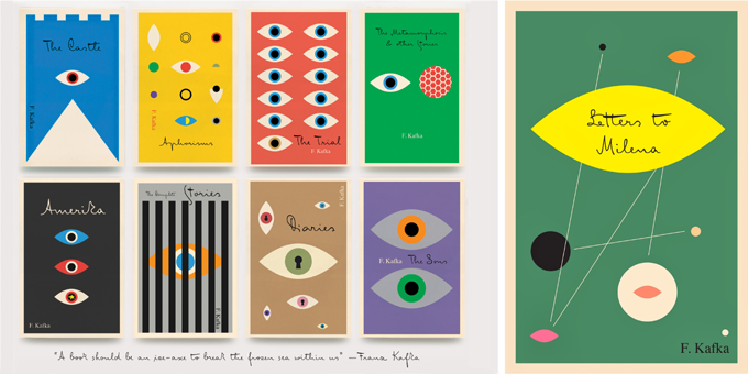 Une série de livres de Kafka traduits en anglais, avec de magnifiques couvertures réalisées par Peter Mendelsund à l'aide de FF Mister K.