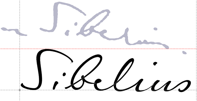 A fine example of Sysmäläinen’s sophisticated technique when interpreting a handwriting style. Some characters are faithfully reproduced, others are interpreted more freely for better legibility. The typeface is ALS FinlandiaScript, named after the most famous composition by Jean Sibelius, whose handwriting (top) inspired this font.
