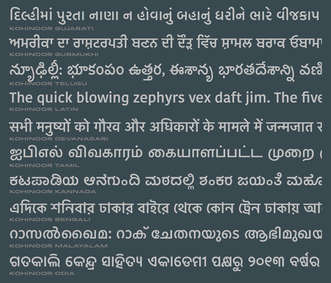 Ein vollständiger Überblick über Satya Rajpurohits Multischriften-Kohinoor-Superfamilie. Bisher werden nur die lateinische und die Davanagari Fonts von MyFonts vertrieben; die weniger verbreiteten Schriften werden direkt von der Indian Type Foundry lizenziert.