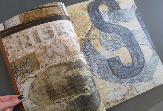 Double page spread from the Karbid book, showing a few of Verena Gerlach’s color photos of ghost lettering on East Berlin walls in the early 1990s.