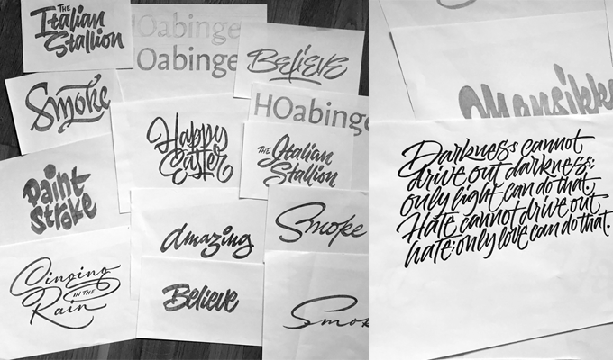 Sketches of lettering and calligraphic work.